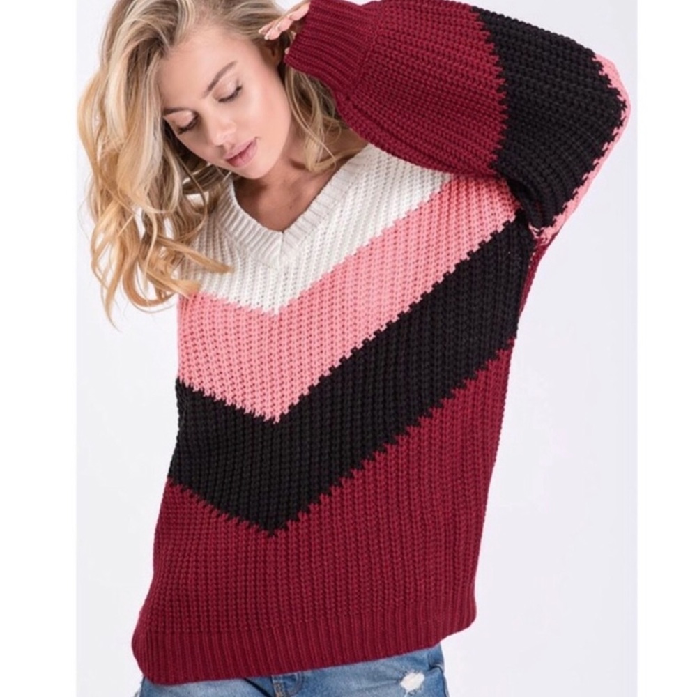 $ FIRM 🌷 Burgundy Chevron Colorblock Sweater - Picture 7 of 8
